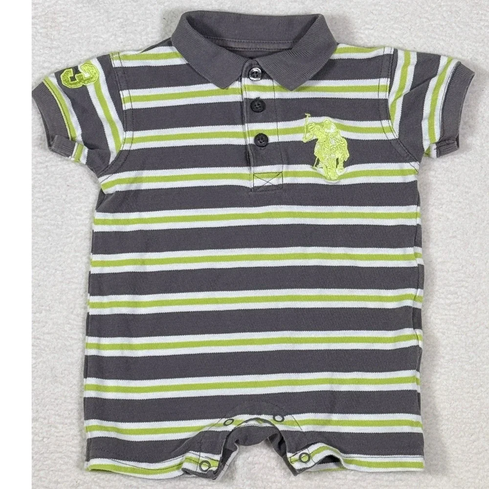 US Polo Assn Baby Boys Striped Polo Romper Grey Lime Green 6/9M